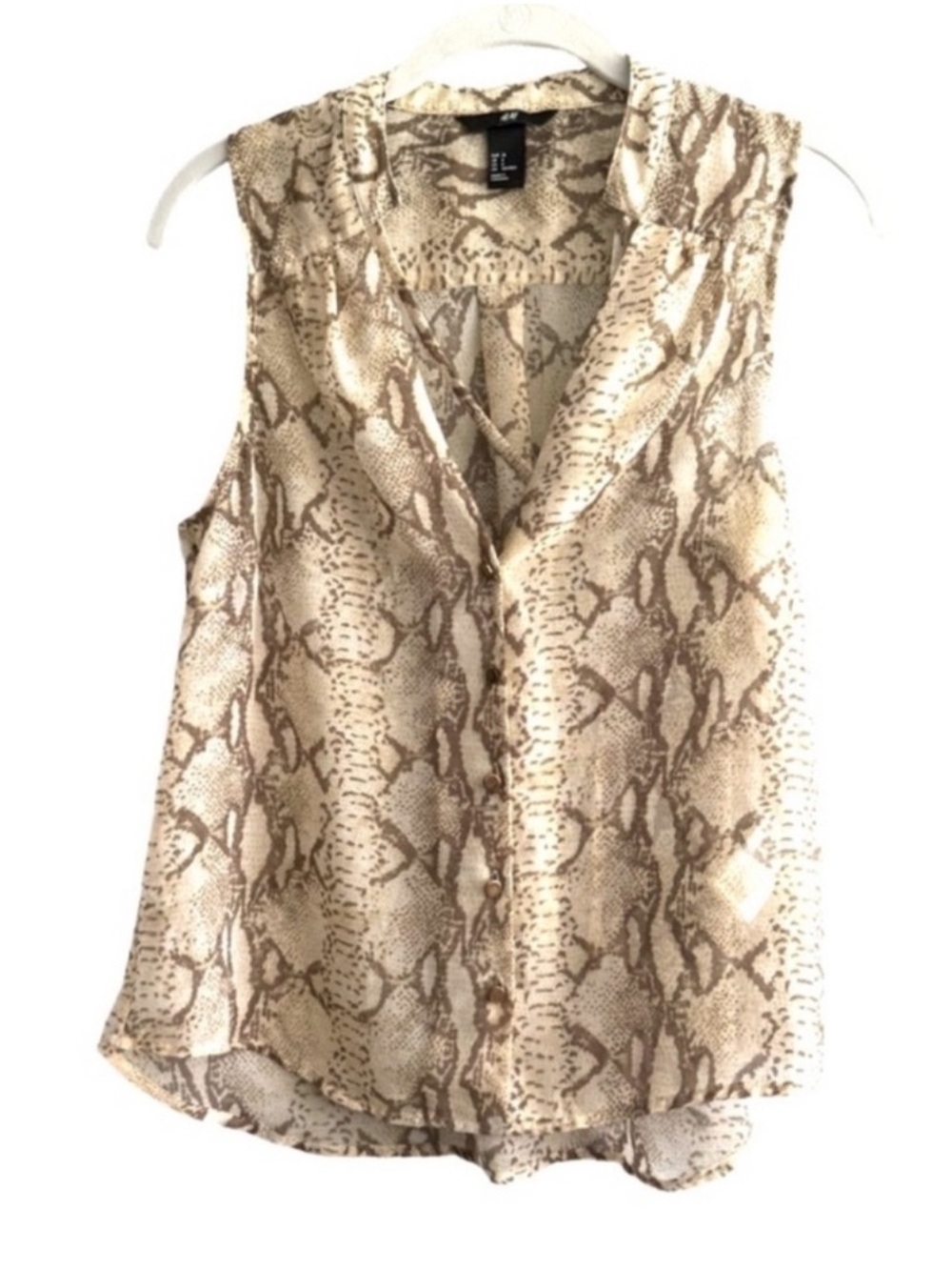 H&M Sleeveless Blouse Button Down Sheer Snake print Top Cream Tan Brown Size 6